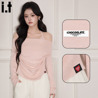 Chocoolate it women's sweater women's sweet and spicy style halter neck off-shoulder sweater women's winter pleated waist bottoming shirt top pink one size