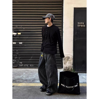 Bo+boxy short wide henry collar loose bottoming top is soft, comfortable, versatile and figure-flattering, multi-color optional long-sleeved t-shirt, black l