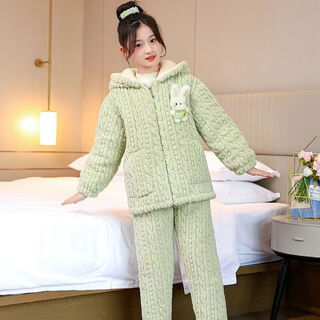 Children's home clothes 24 winter three-layer velvet thickened girls' warm pajamas, boys' middle and large children's outer wear suits, green hooded style, velvet thickened 90, recommended height 85-90cm