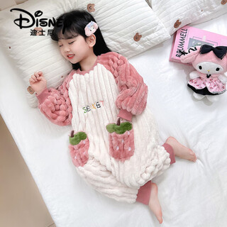 Disney official store flagship children's one-piece pajamas autumn and winter coral velvet double layer plus velvet thickened baby anti-kicking sleeping bag for girls, pink 80 cm