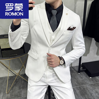 Romon men's business casual suit formal fit groom wedding dress white three-piece suit for men one button white suit jacket with tie xs 160 weight 90-jin jin equals 0.5 kg