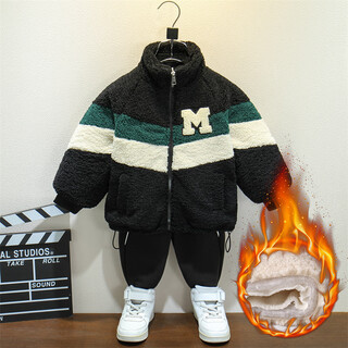 男童冬季毛毛衣儿童加绒外套2024新款洋气男宝摇粒绒三层加厚棉衣 黑色 cm 90