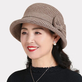 Concubines, middle-aged and elderly women's hats, women's autumn and winter mother's woolen basin hats, thickened grandma hats, spring and autumn style fisherman's cloth hats, small plaid woolen-khaki, high quality, 55-58 adjustable