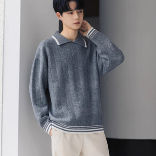 Comokd comokd autumn and winter american henry collar sweater men's casual lazy style knitted sweater loose, comfortable, fashionable and trendy inner top medium gray xl