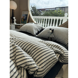 Fantasy a-side dyed washed cotton jacquard b-side milk velvet striped japanese four-piece set 1.5m1. autumn and winter simple protection yag-cotton plus baby velvet brocade dark gray bed sheet set bed sheet style 1.2m bed three-piece set/applicable 150x200cm