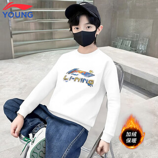Li ning children's fleece sweatshirt autumn and winter boys' warm, comfortable and skin-friendly long-sleeved medium and large children's casual versatile round neck pullover white - graffiti label fleece style 160 cm