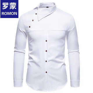 Romon 2025 new men's european size personalized inclined button henry collar long-sleeved shirt men's casual shirt white m