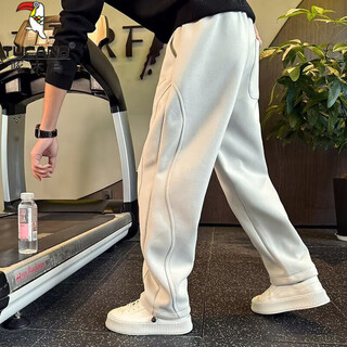 Woodpecker autumn and winter thickened sports pants for men, loose elastic casual pants for junior and high school students, trendy brand warm trousers, white gray xl