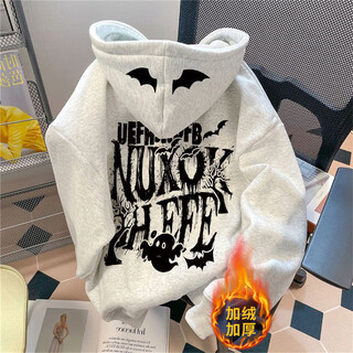 Qumile american heavyweight velvet thickened sweater men's autumn and winter loose warm trendy high street hoodie top clothes jacket white gray velvet xl