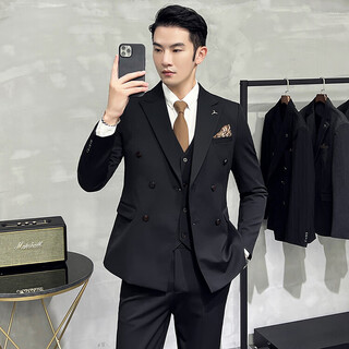Less is more lilang suit men's three-piece british casual business suit men's wedding dress slim and handsome groom black m