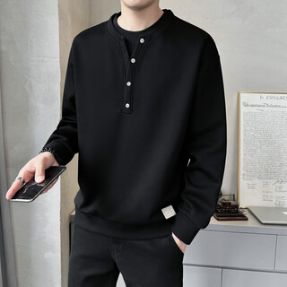 Funny henry shirt fake two-piece fake two-piece sweatshirt autumn men's henry collar bottoming shirt spring and autumn new loose black m