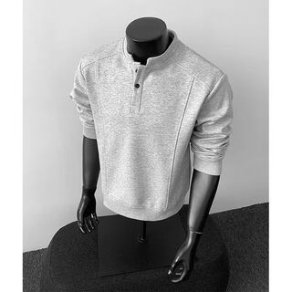He jiagong solid color henry collar long-sleeved polo shirt men's american deconstructed splicing right shoulder t-shirt boxy version inner sweatshirt light gray l (suitable for 100-120jin jin equals 0.5 kg)