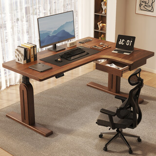 Corner solid wood electric lift table computer table e-sports table study table office work home desk solid wood table legs solid wood feet + drawer 3 sections dual motor black walnut color - turn right 180*110cm free embedded power strip - installation included