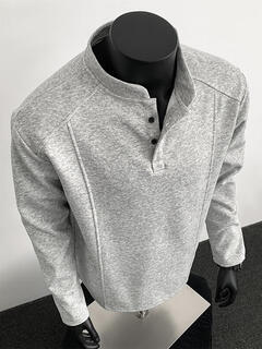 Cut rain left rainbow gray henry collar long-sleeved t-shirt men's autumn american heavyweight deconstructed splicing polo shirt boxy inner sweatshirt t2595 hemp gray t2595 hemp gray m