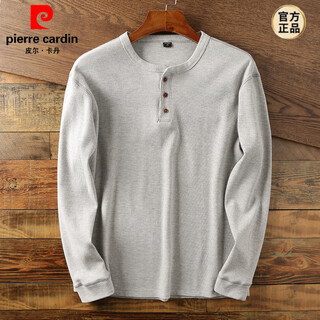 Pierre cardin 2025 new henley collar men's solid color loose knitted pullover bottoming shirt casual long-sleeved t-shirt light gray l 150-170jin jin equals 0.5 kg