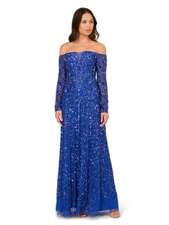 Adrianna papell women's beaded off shoulder gown brilliant sapphire 12