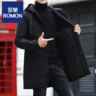 罗蒙（ROMON）风衣男中长款连帽时尚休闲纯色大码夹克男2025春秋冬新款加棉外套 黑色（加棉） M