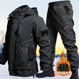 Camel autumn and winter velvet waterproof jacket, wind-resistant and warm soft-shell combat clothing, fishing and riding warm labor protection work clothes h style_9968_waterproof velvet jacket suit_black 170