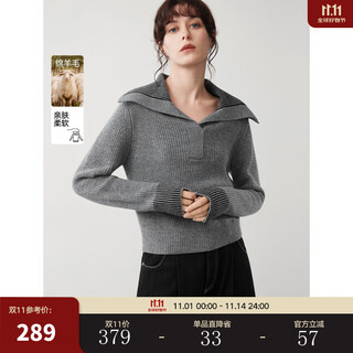 Elle sheep wool large lapel loose sweater for women 2025 winter new style lazy high-end commuting wool sweater medium gray m