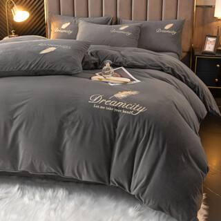 Hengyuanxiang 2025 new autumn and winter crystal velvet embroidery four-piece set, milk velvet, french velvet, baby velvet, coral velvet, baby velvet, light feather-high-grade gray bed sheet, 2.0 m four-piece set