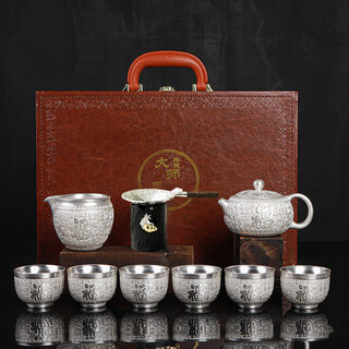 Jiaomingtang 999 sterling silver kung fu tea set gift set for leaders and elders to retire, housewarming and retirement practical festival baifu silver set 10 pieces