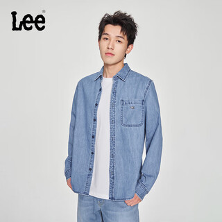 Lee25新品标准版翻领小Logo男长袖牛仔衬衫 浅蓝色 L