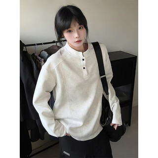 Qumi le deconstructed henley collar sweatshirt men's autumn and winter stand collar right shoulder long sleeve t-shirt heavyweight american loose inner bottoming shirt white gray xl recommended 120-140jin jin is equal to 0.5 kg