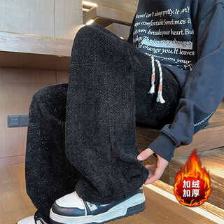 Orange eight star sky texture velvet thickened casual pants autumn and winter pattern pants men's straight pants loose and versatile sports pants black xl