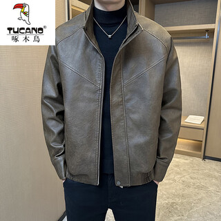 Woodpecker men's retro distressed stand collar leather jacket trendy handsome motorcycle suit autumn and winter new loose and versatile jacket brown m