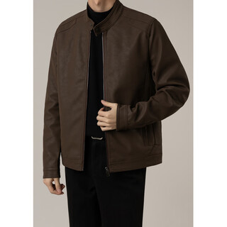 Falling men's style stand collar pu leather jacket men's spring and autumn korean style light mature style casual leather jacket top trend coffee color 4xl weight 170-185jin jin is equal to 0.5 kg