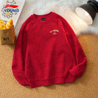 Li ning (li-ning) fleece sweatshirt for children, boys, medium and large children's sweatshirt, 2025 new year's model, children's clothing, teenagers' children's clothing, loose top, cinnabar red ywdw103-1 140 winter new year model