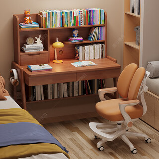Huixun children's study table primary school student home desk solid wood junior high school student writing desk bedroom bedside lift desk and chair walnut color #desk + bookshelf 100cm*60cm*75cm total height 135cm
