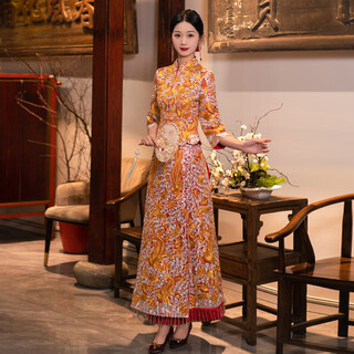 Roar uthaug dragon and phoenix gown xiuhe clothing 2025 new bride wedding high-end heavy industry chinese wedding dress wedding dress toasting suit summer xh1376 exquisite no diamond style no headwear s