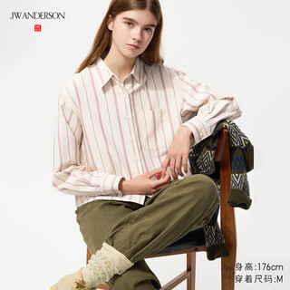 Uniqlo women's men's oxford box stripe shirt/long sleeve collaboration 479975 30 light beige m