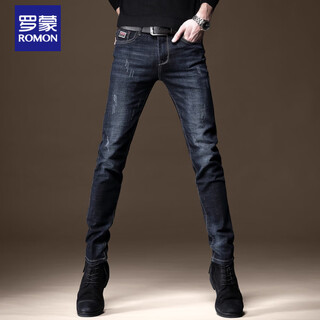 罗蒙（ROMON）秋冬高端弹力牛仔裤男潮牌修身加绒小脚裤韩版休闲新款男士长裤子 1622蓝黑 常规 32