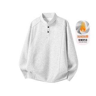 Monpoc henry collar velvet sweatshirt men's autumn and winter trendy american long-sleeved t-shirt bottoming shirt mow10 white gray xl