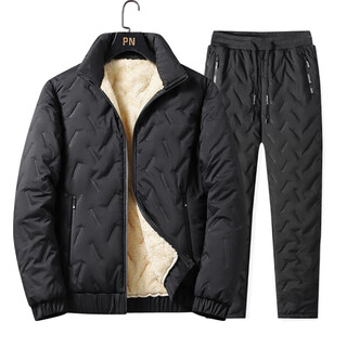 Zhaolu cotton-padded jacket and cotton trousers suit men's cotton-padded jacket men's winter middle-aged and elderly dad plus velvet cotton jacket grandpa lamb velvet two pieces 777 black clothes black straight pants suit 2xl 130/145jin jin is equal to 0.5 kg