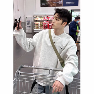 Henry collar sweatshirt men's spring and autumn hoodless american cleanfit bottoming shirt loose trendy brand long-sleeved t-shirt with spring white gray m