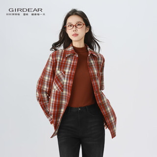Girdear women's top fashion classic versatile loose casual retro plaid long sleeve shirt jacket 1400458 red brown plaid scottish plaid s 2 size