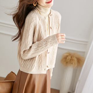 Shexi (srcr) pure wool coat for women 100% wool knitted outer thick autumn and winter short soft waxy cable sweater cardigan