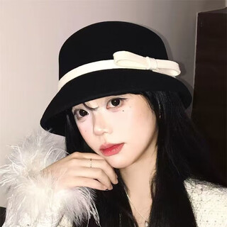 Miao yijia hepburn style top hat for women winter fashion fashionable face slimming fisherman hat high-end winter hat basin hat black hepburn style white bow top hat one size (head circumference about 55-58cm)