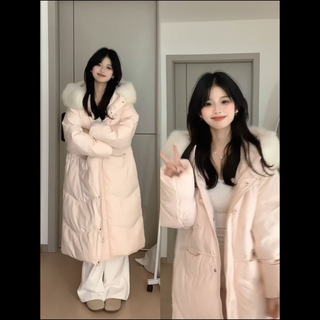 Yifansha cotton clothes women's 2025 winter large fur collar down jacket mid-length down jacket women's loose over-the-knee thickened jacket pink medium long one size (please contact customer service to remark the size)