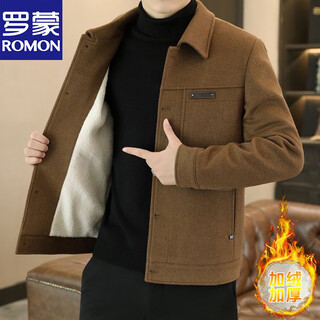 Romon 2025 autumn and winter new men's velvet thickened woolen jacket trendy short slim woolen jacket coat handsome coffee color xl 130-145