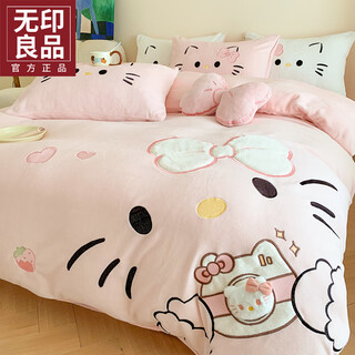 Muji winter milk velvet appliqué embroidered four-piece set thickened double-sided velvet sheet quilt cover fitted sheet home dormitory warm kit cute cat-pink class a baby velvet 1.8m bed sheet style four-piece set-quilt cover 200*230cm