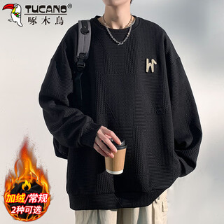 Woodpecker (tucano) sweatshirt men's casual long-sleeved t-shirt men's autumn and winter loose round neck waffle clothes men's jacket black xl