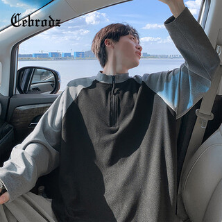 Cebrodz french half-zip long-sleeved t-shirt for men in spring and autumn, versatile youth outdoor sports cycling trendy brand heavy top, black xl