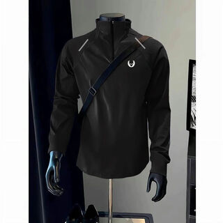 Fitness long-sleeved men's and women's loose half-zip sports t-shirt american running autumn and winter basketball training plus fleece cycling jersey v07 black reflective strips +276 m m