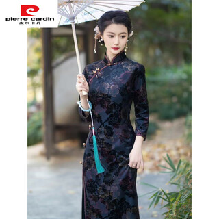 Pierre cardin 2025 new winter cheongsam plus velvet thickening fashion temperament slim retro lady long dress black 2451 3xl