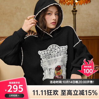 B.duck little yellow duck plus velvet hooded sweatshirt for women 2025 winter new lace imitation pearl webbing pullover jacket carbon black xs