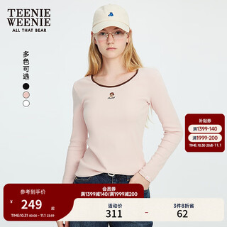 Teenie weenie bear women's t-shirt 2025 autumn new simple fashion temperament contrast color round neck long sleeve pink l